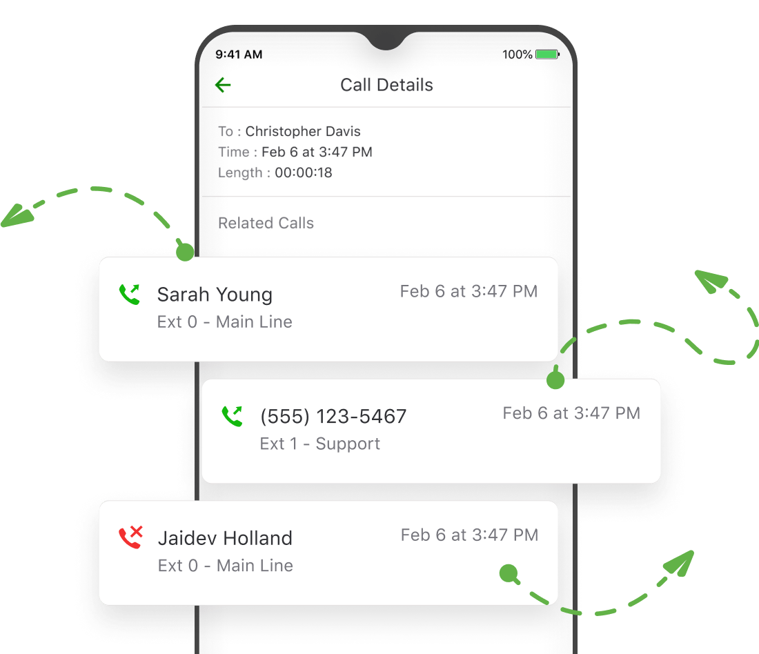 Screen showing call details and call history on Grasshopper app for mobile phones.