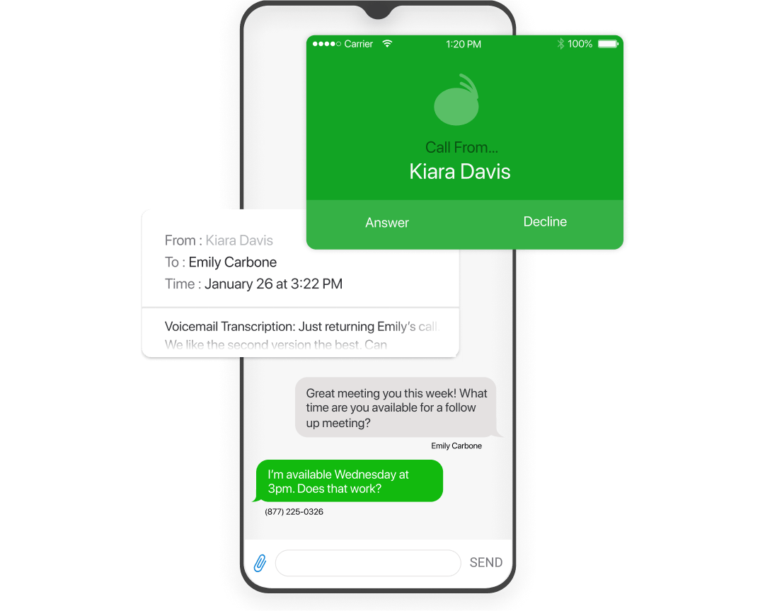 Screen of the Grasshopper app showing call handling, voicemail transcription, and messaging for mobile phone.