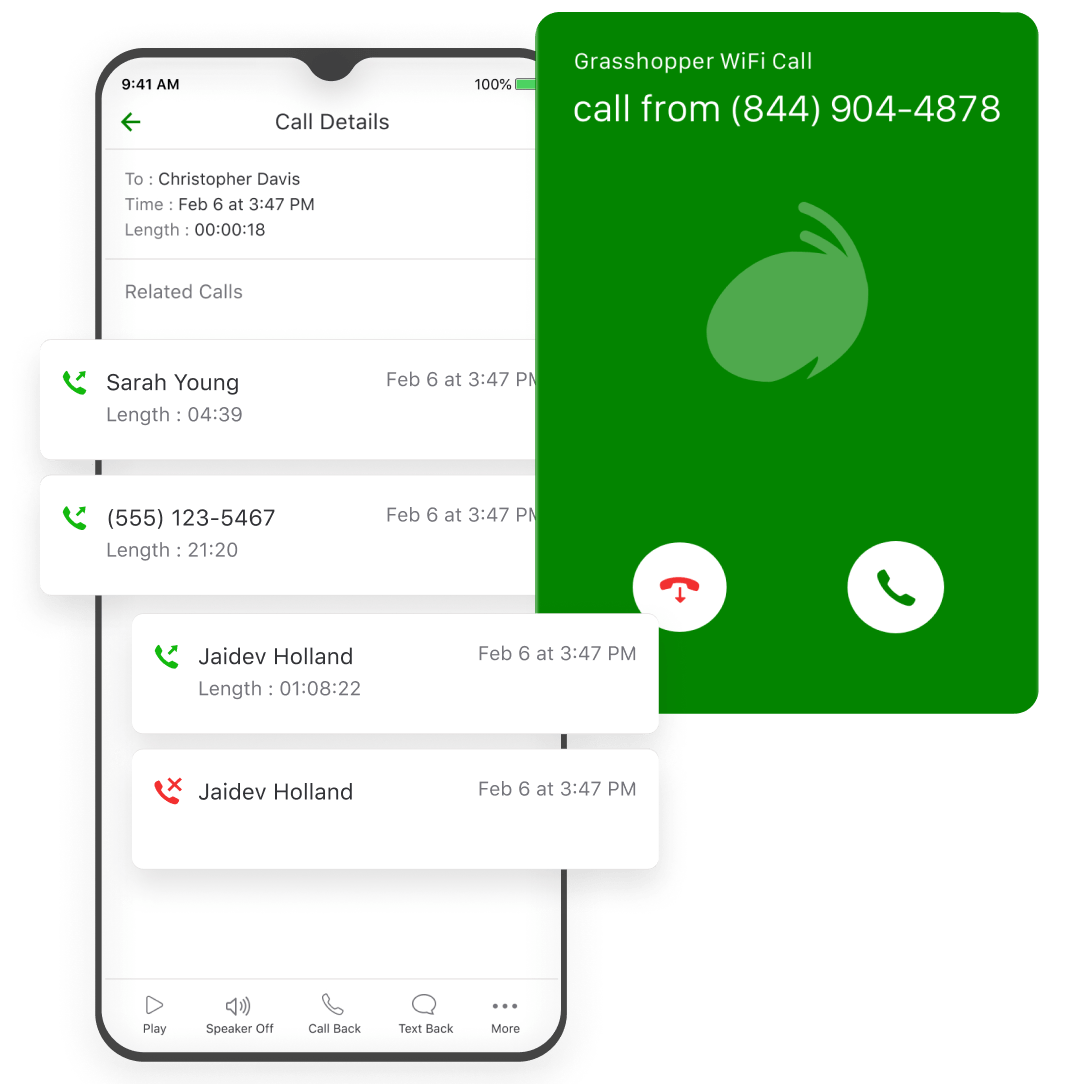 Screens showing call history and call handling on the Grasshopper app for mobile phones.