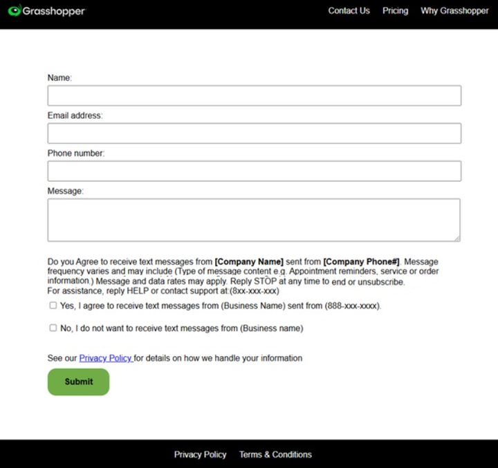 Screenshot of the opt-in contact form