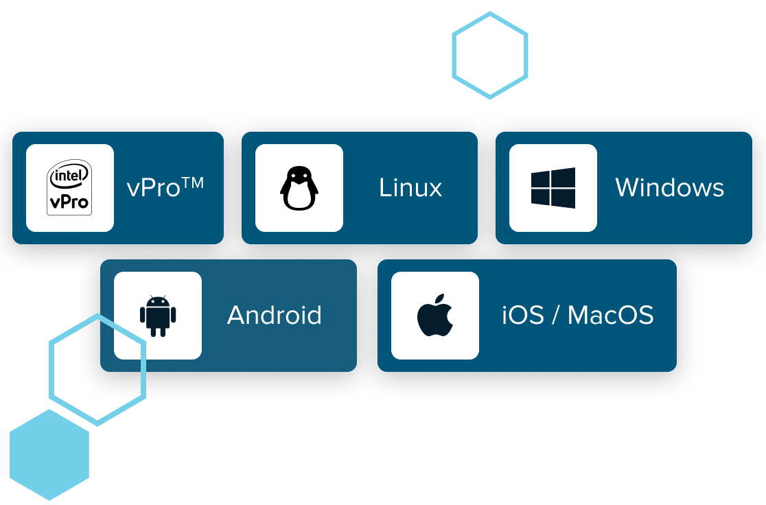 Vpro, Linux, Windows, Android and iOS/MacOS logos