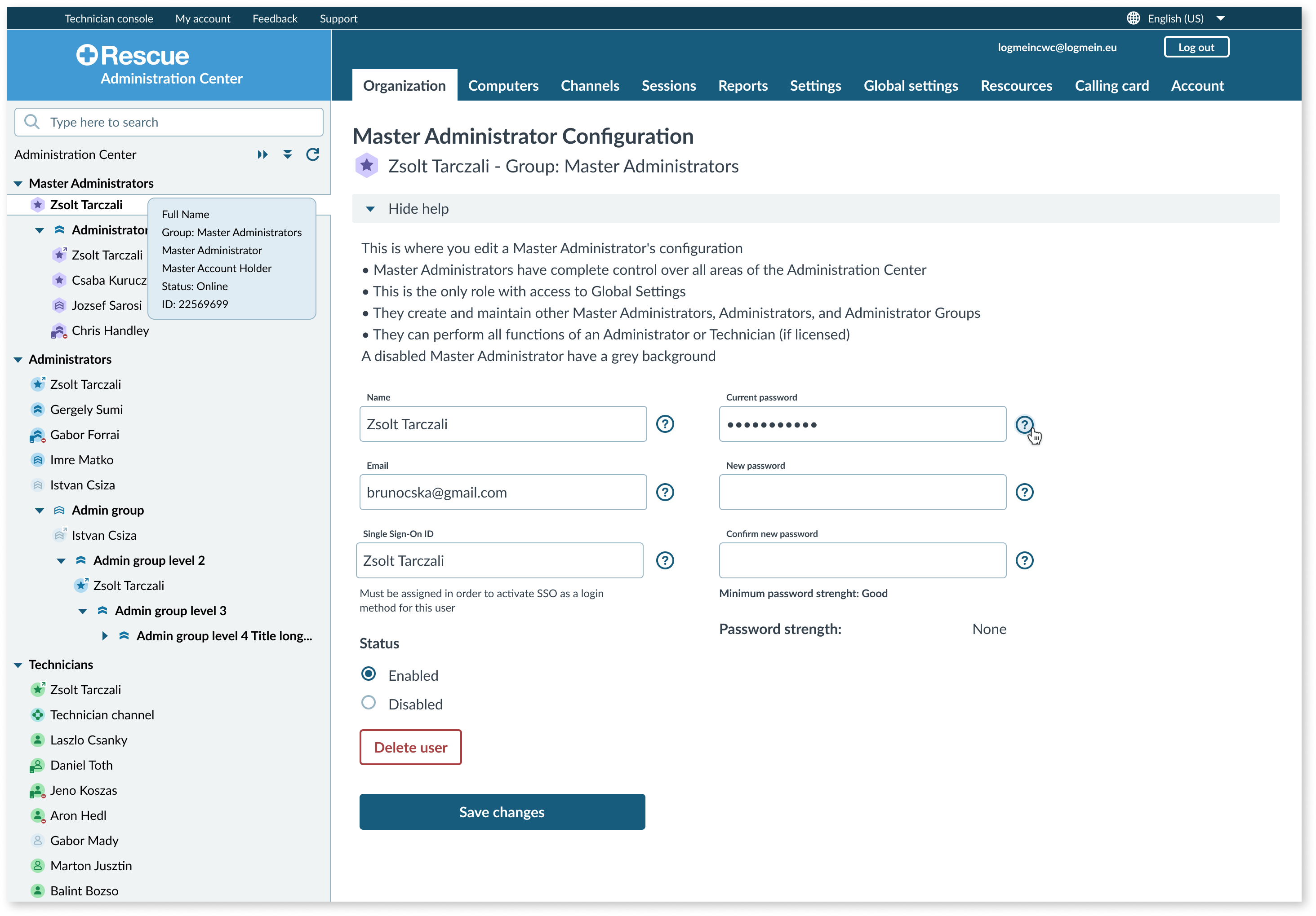 Gebruikersinterface met ict remote-configuratie-instellingen voor hoofdbeheerders in het Admin Center.