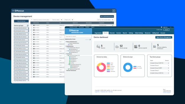 La interfaz de usuario del gestor de dispositivos rediseñado de LogMeIn Rescue facilita a los administradores la organización de los dispositivos y la configuración de los permisos de uso compartido.