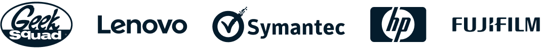 Geek Squad, Lenovo, Symantec, HP and Fujifilm logos.