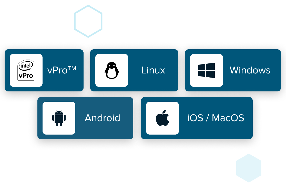 Vpro, Linux, Windows, Android and iOS/MacOS logos