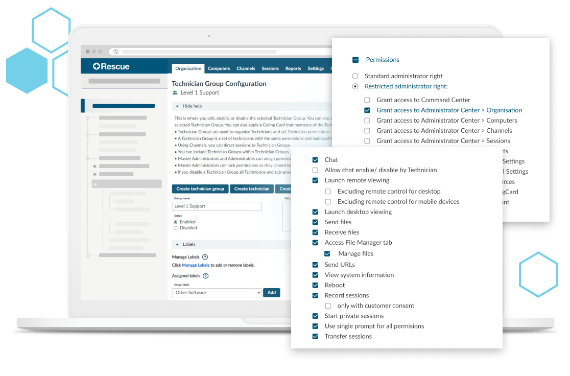 Use technician and admin permissions to customize the level of access you want users to have with Rescue's 40+ access controls.