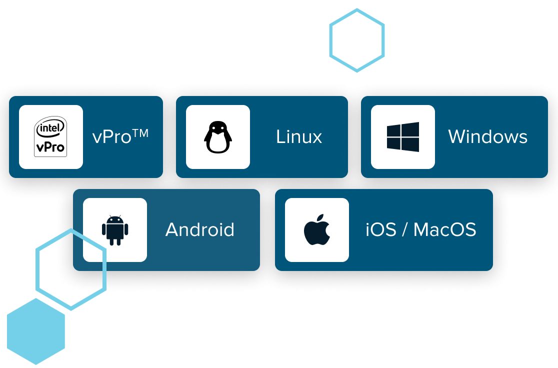 Vpro, Linux, Windows, Android and iOS/MacOS logos.