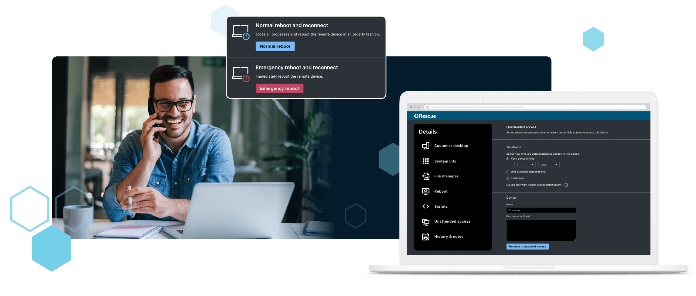 A man working at a desk with a laptop and talking on a mobile phone, with screens displaying features of Rescue remote support software.