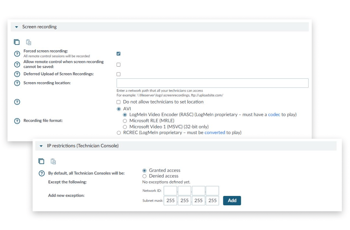 UI showing screen recording and IP restriction settings.