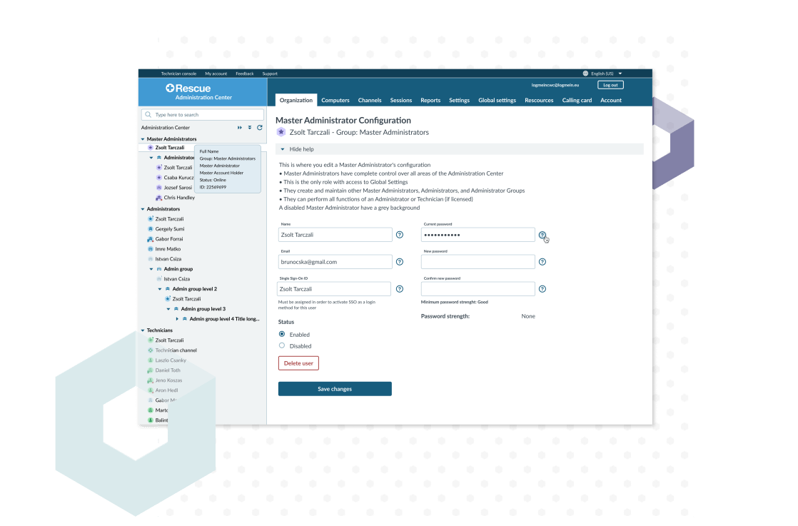 Rescue Administration Center dashboard showing the process of configuring Master Administrators